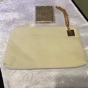 NWOT - faux suede clutch with gold wrist handle and compact mirror